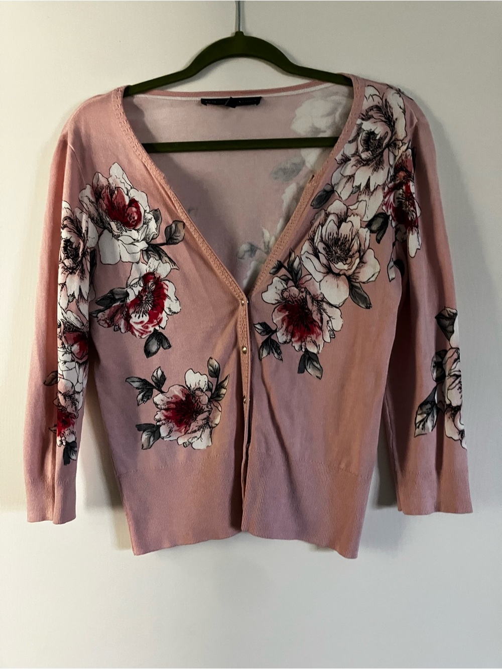White House Black Market Pink Floral Cardigan Sweater Button Front Size S